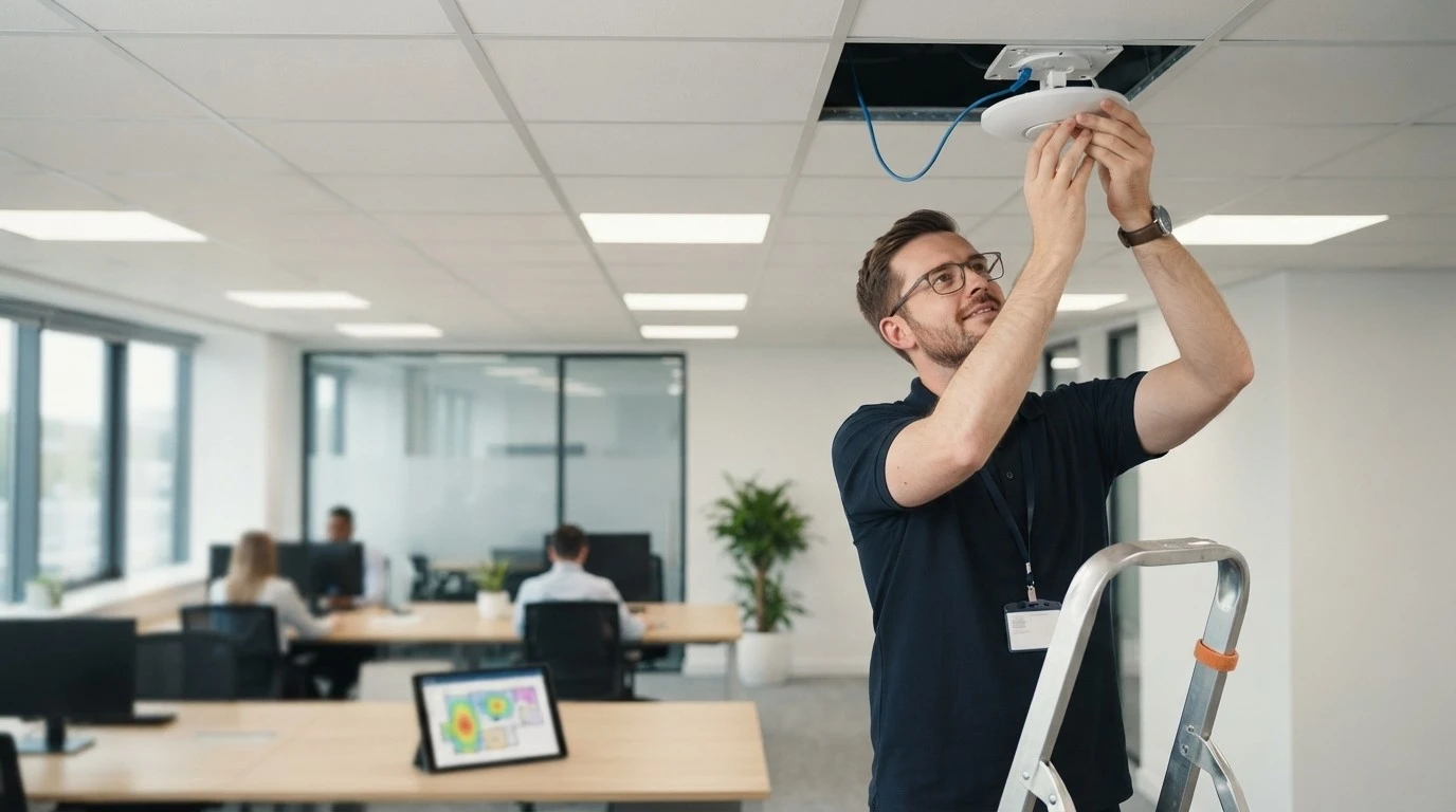 Technik IT POMOC montuje WiFi access point na strop firemní kanceláře