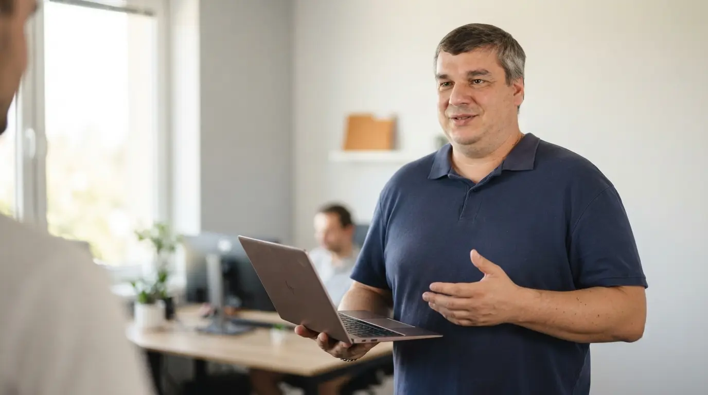 Technik IT POMOC s notebookem při nastavování cloudových služeb pro firmu